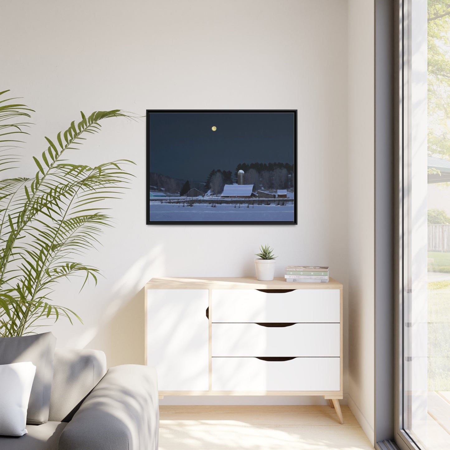 Ben Bauer: "Moonset, 7 Minutes to Sun Up" - Framed Canvas Reproduction