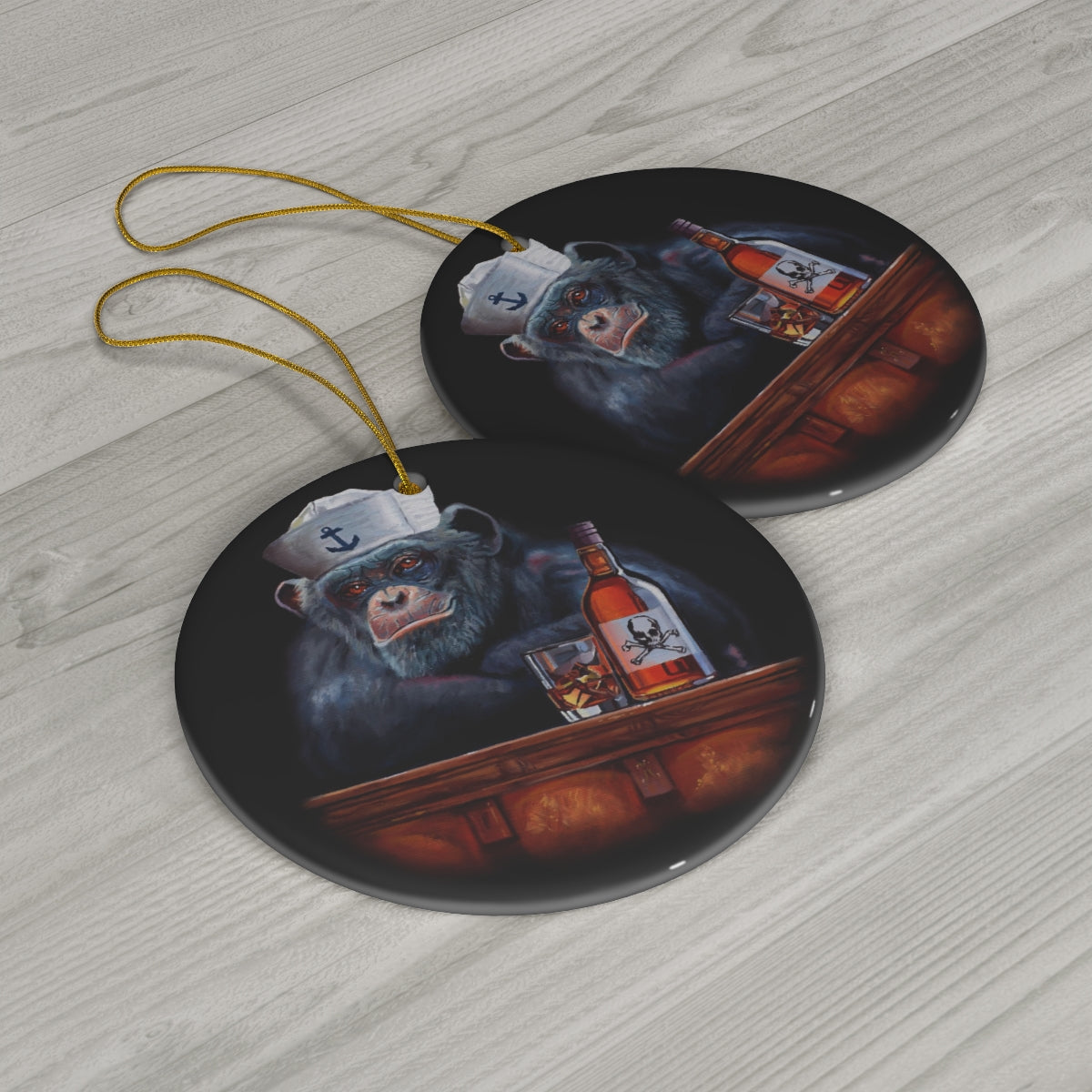 christmas ornament with a monkey and alcohol