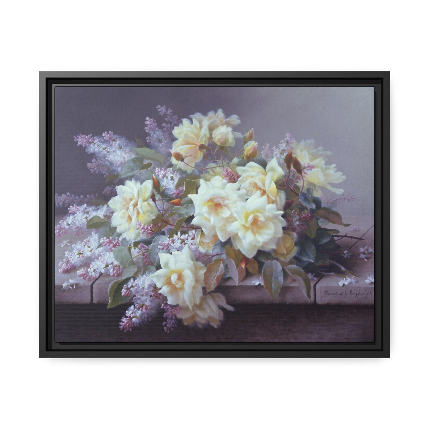 Raoul de Longpre: "Roses and Lilacs on a Stone Ledge" - Framed Canvas Reproduction