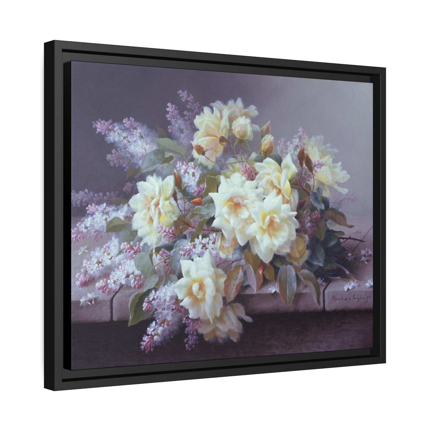 Raoul de Longpre: "Roses and Lilacs on a Stone Ledge" - Framed Canvas Reproduction