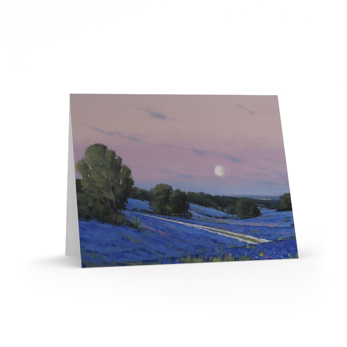 Ben Bauer: "Hill County Moonrise, Blue Bonnets" - Greeting Cards (8, 16, and 24 pcs)