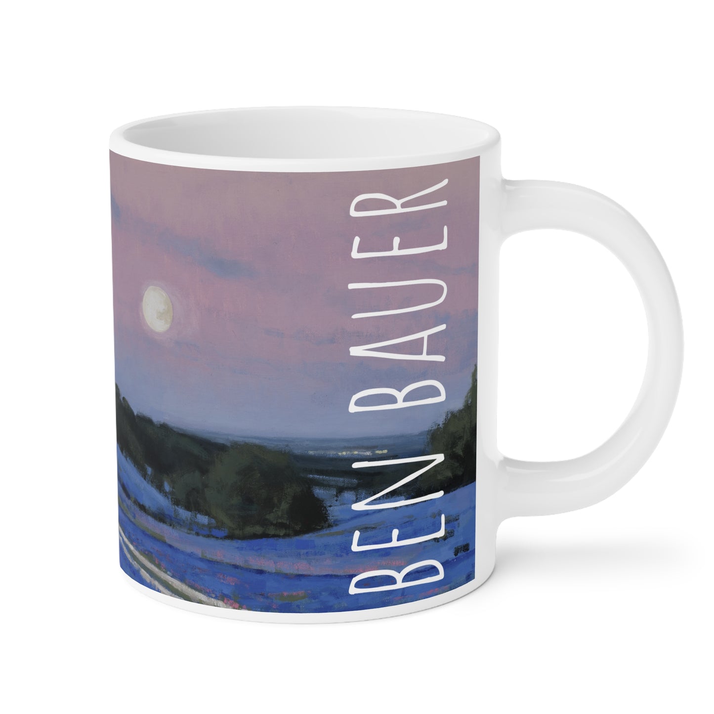 Ben Bauer: "Hill County Moonrise, Blue Bonnets" Ceramic Mug (11oz, 15oz, 20oz)