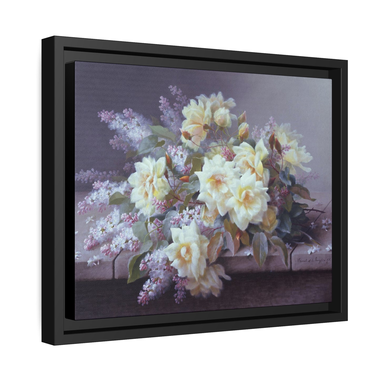 Raoul de Longpre: "Roses and Lilacs on a Stone Ledge" - Framed Canvas Reproduction