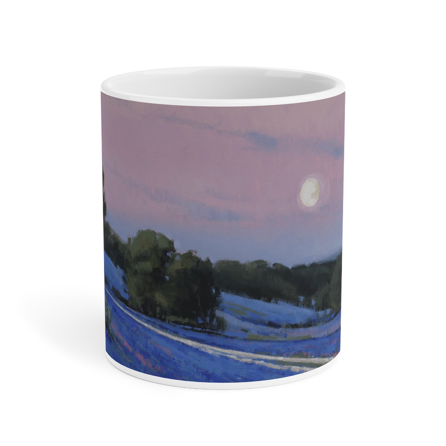 Ben Bauer: "Hill County Moonrise, Blue Bonnets" Ceramic Mug (11oz, 15oz, 20oz)