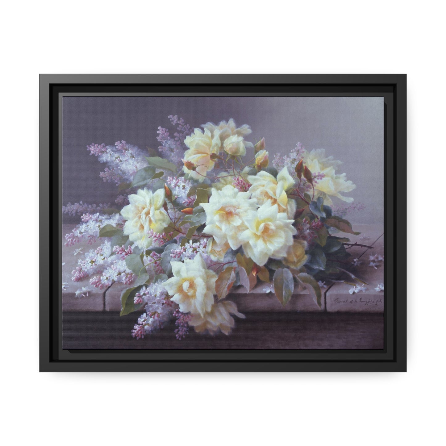 Raoul de Longpre: "Roses and Lilacs on a Stone Ledge" - Framed Canvas Reproduction