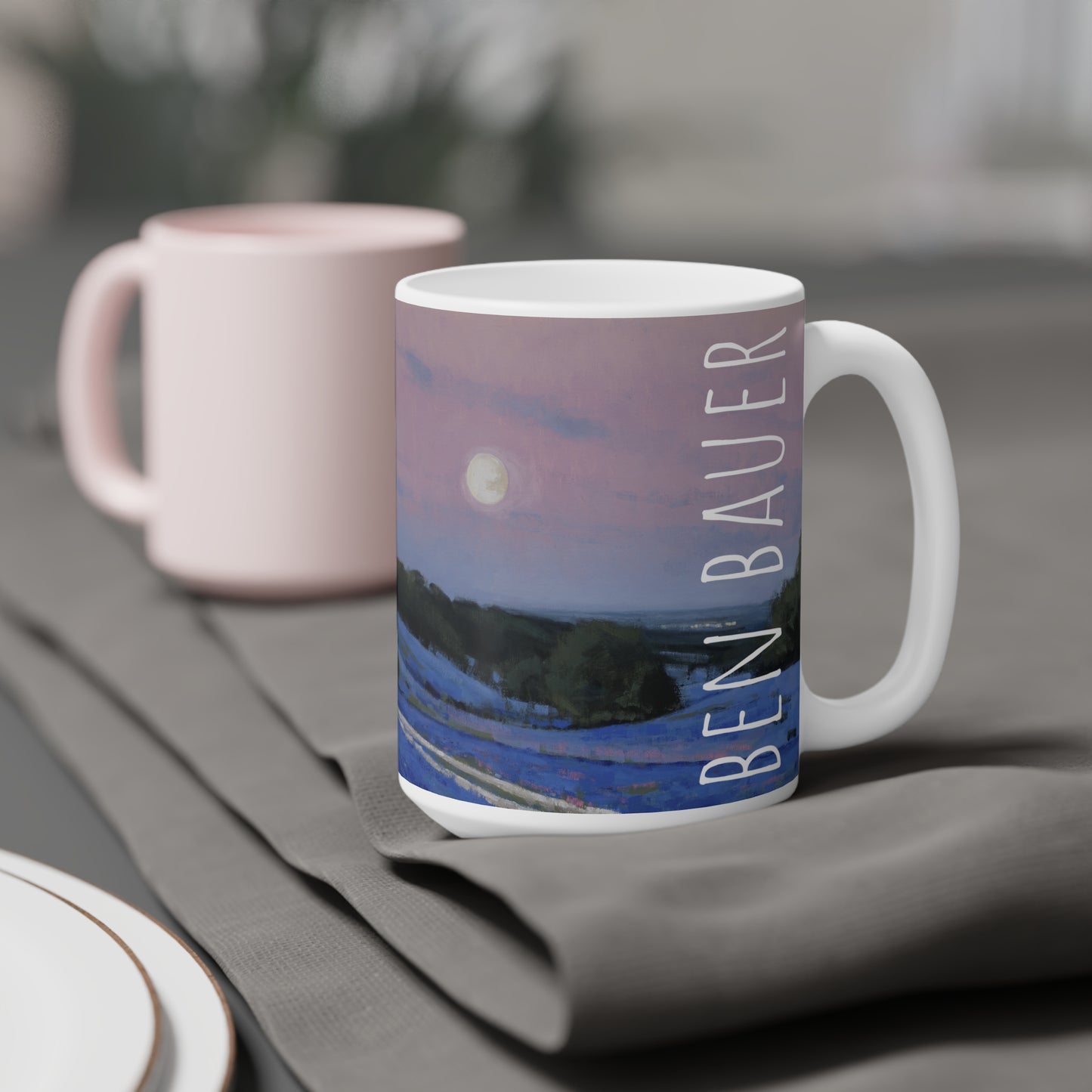 Ben Bauer: "Hill County Moonrise, Blue Bonnets" Ceramic Mug (11oz, 15oz, 20oz)