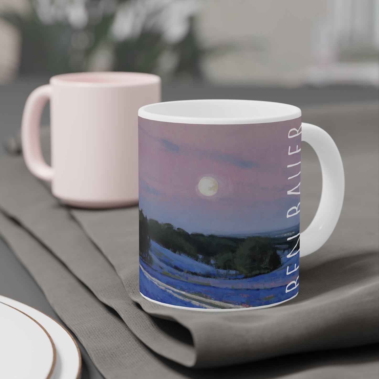 Ben Bauer: "Hill County Moonrise, Blue Bonnets" Ceramic Mug (11oz, 15oz, 20oz)