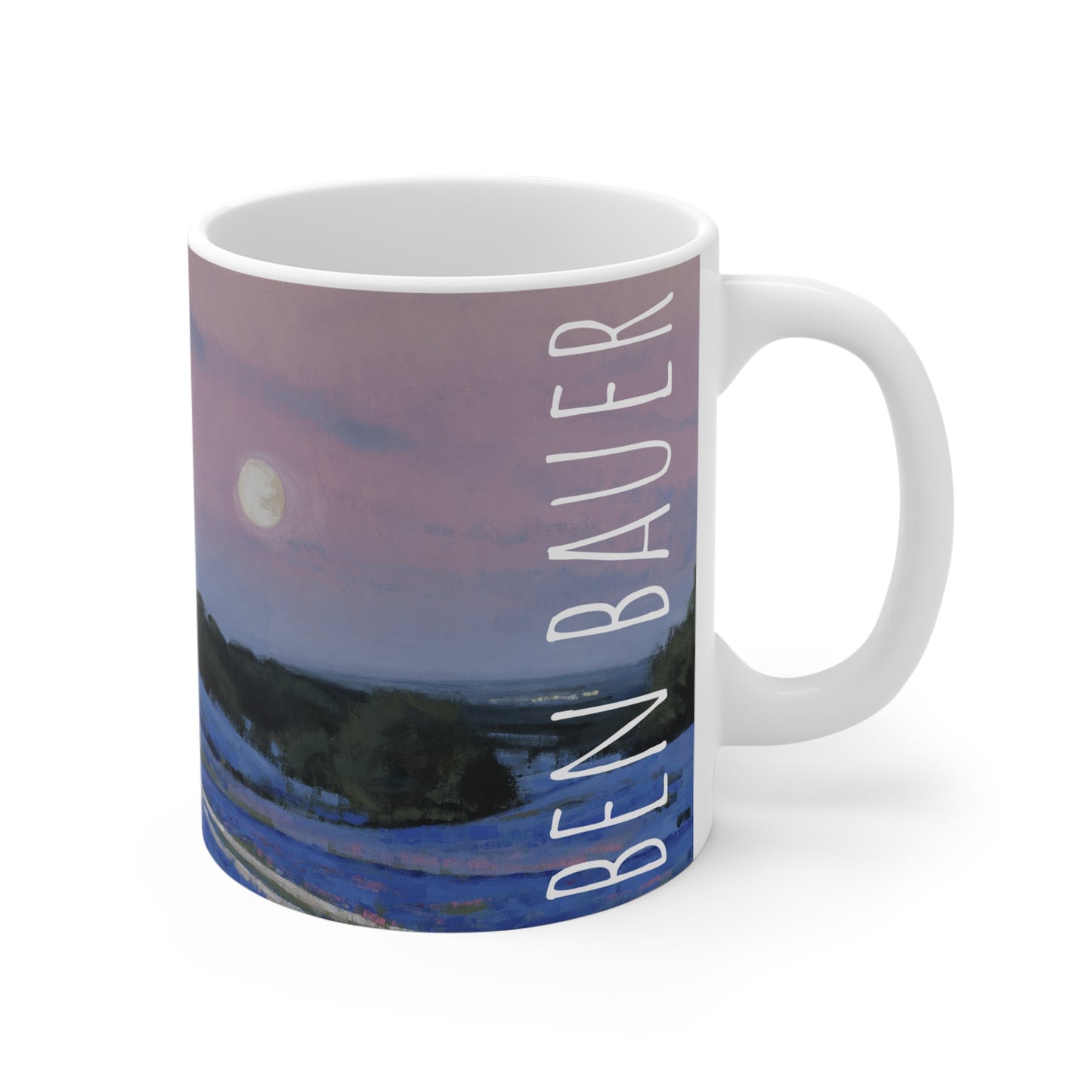 Ben Bauer: "Hill County Moonrise, Blue Bonnets" Ceramic Mug (11oz, 15oz, 20oz)