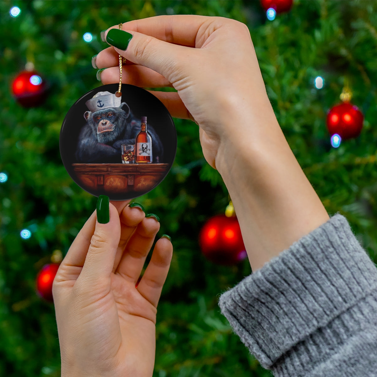 christmas ornament with a monkey and alcohol